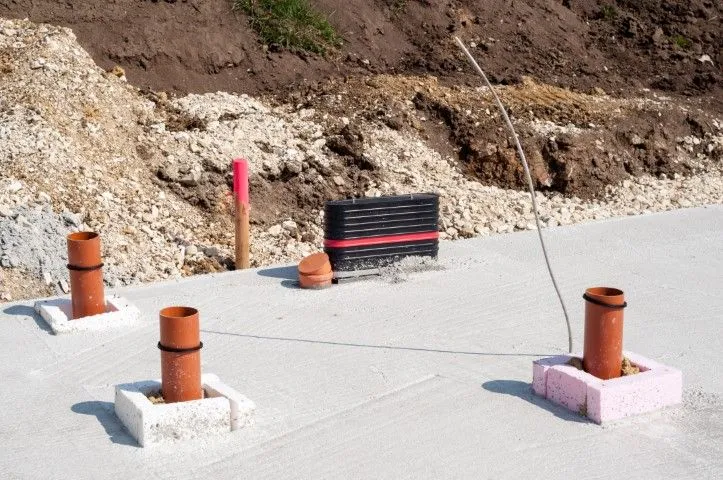 Concrete slabs with exposed utility pipes during construction in Grandview, MO
