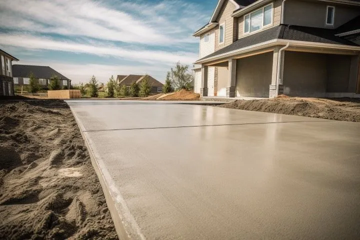 Freshly poured concrete driveway installation beside new home in Grandview, MO