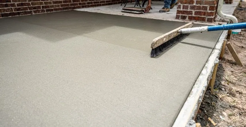 Worker leveling and finishing freshly poured concrete surface in Grandview, MO
